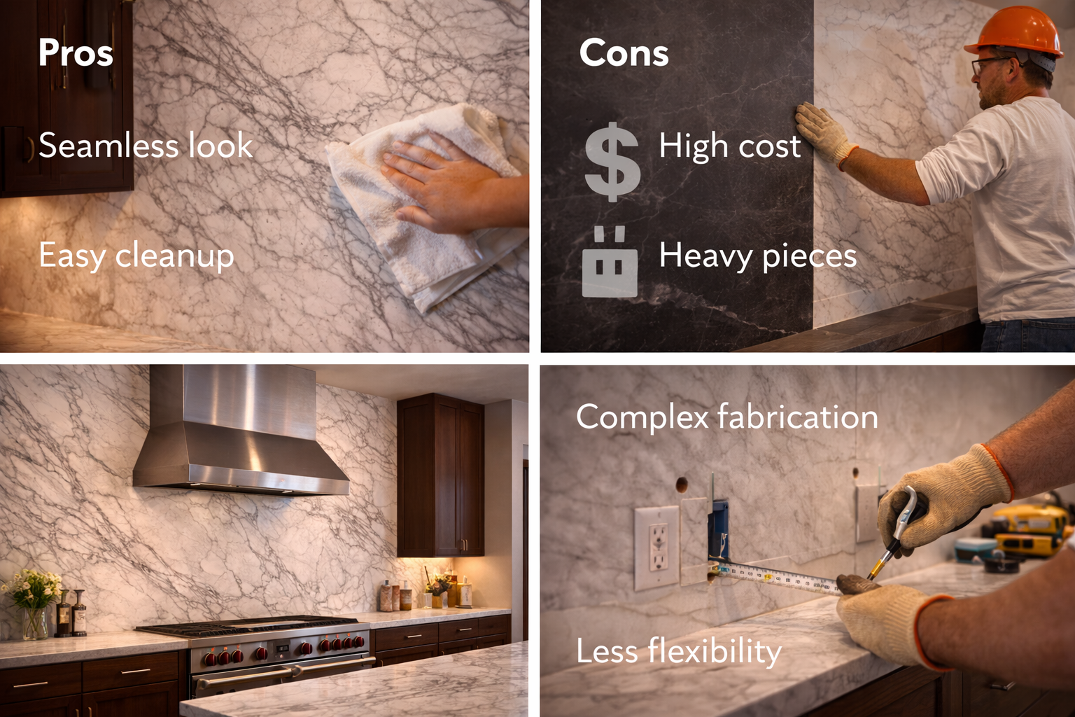 Full slab backsplash showing seamless wall coverage, bold stone character, easier wipe-downs, and tradeoffs around cost and fabrication