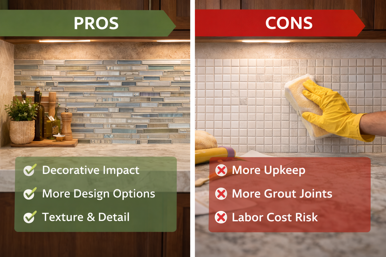 Mosaic tile backsplash showing decorative texture, detailed patterning, more grout joints, and tradeoffs around cleaning and layout complexity