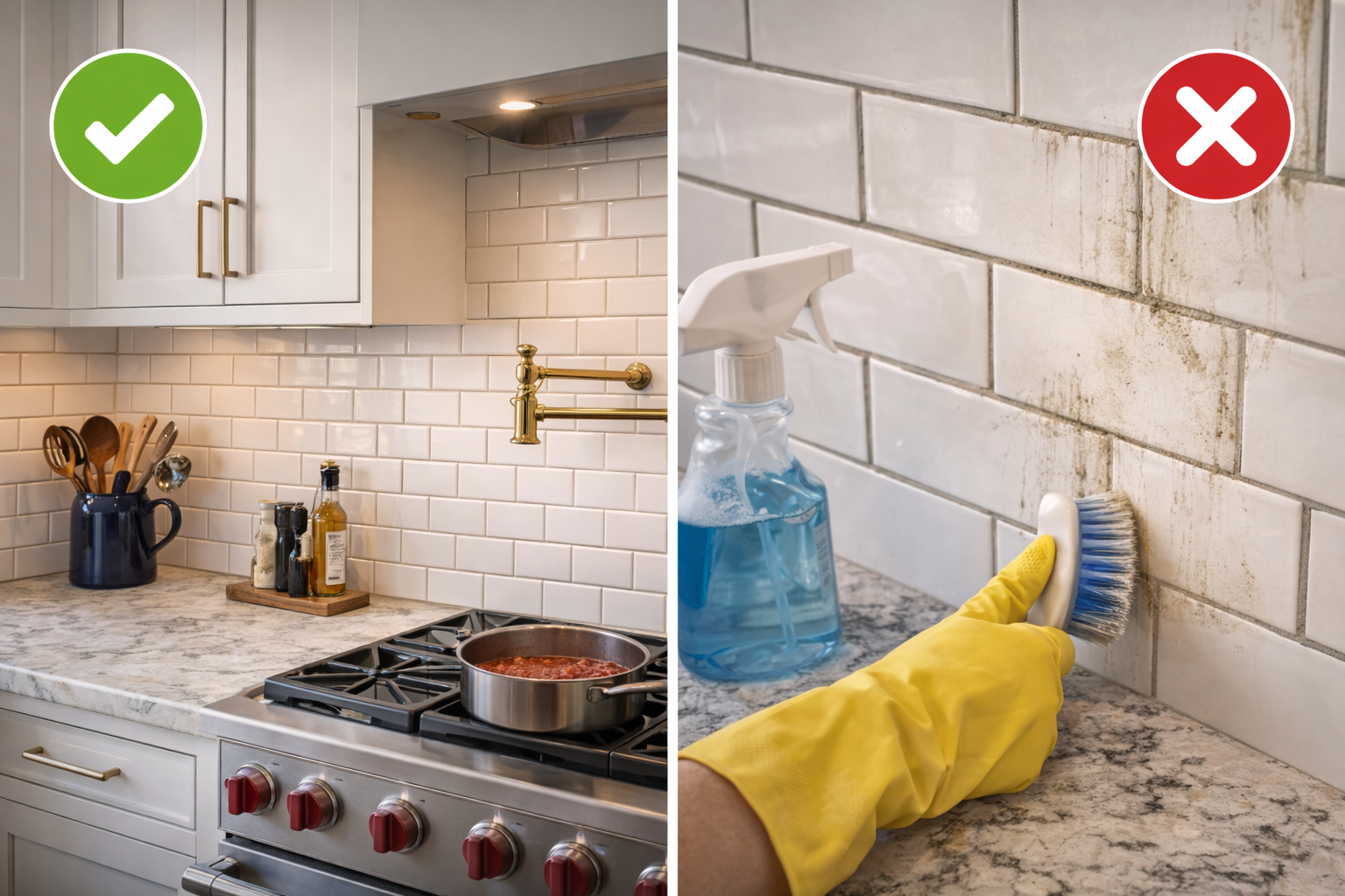 Subway tile backsplash with easy-clean tile, visible grout joints, and classic styling