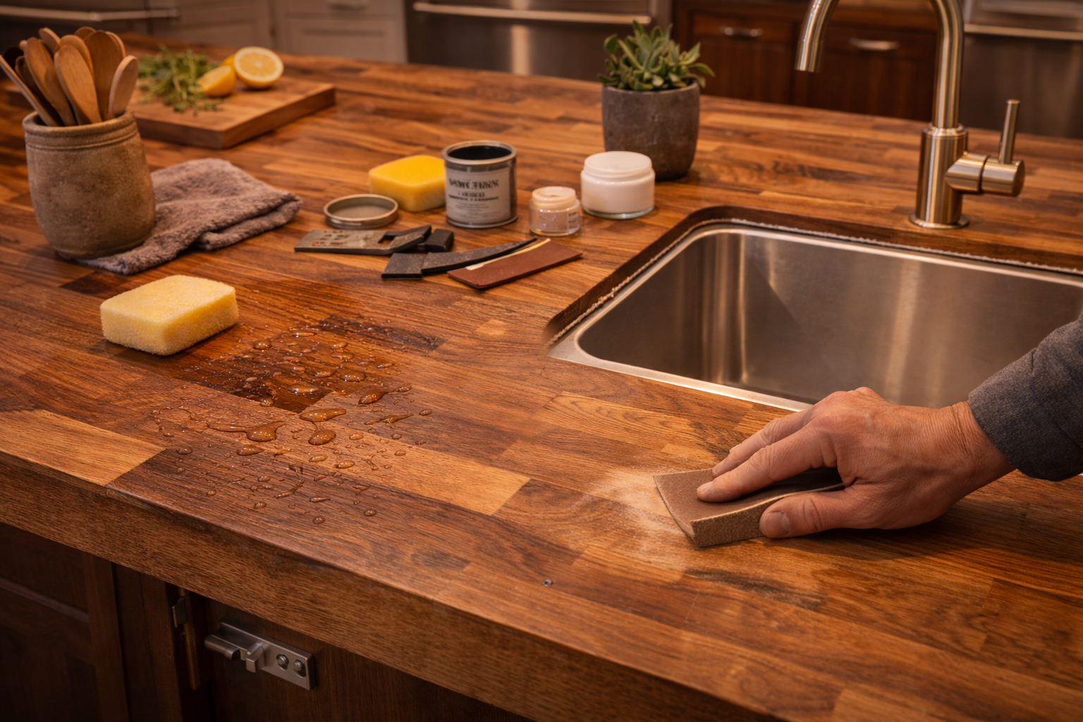 Butcher block countertop showing warm wood character, food-prep appeal, maintenance needs, and tradeoffs around moisture and scratches