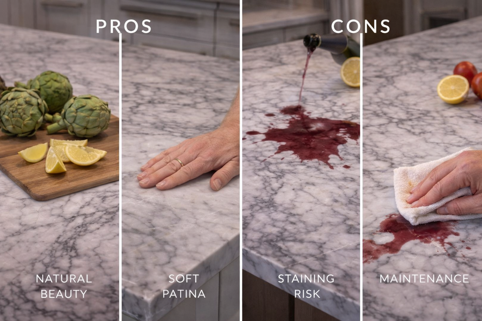 Marble countertop showing natural veining, elegant stone character, maintenance needs, and tradeoffs around etching and staining