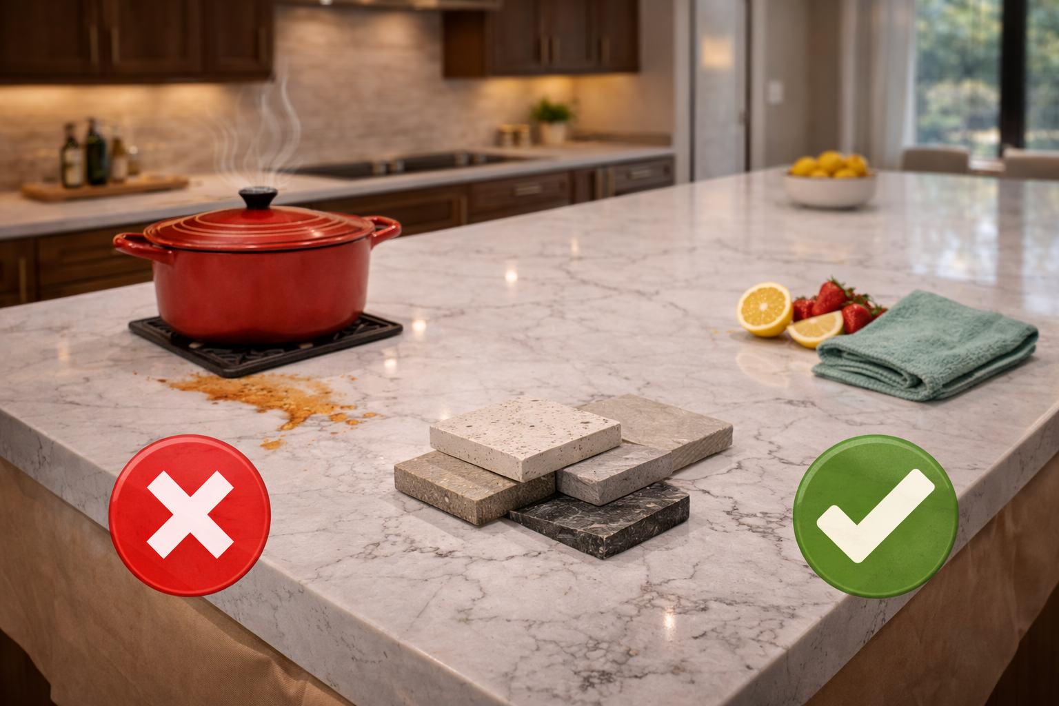 Quartz countertop showing a nonporous stone-look surface, polished edge, easy maintenance, and design tradeoffs around heat and seams