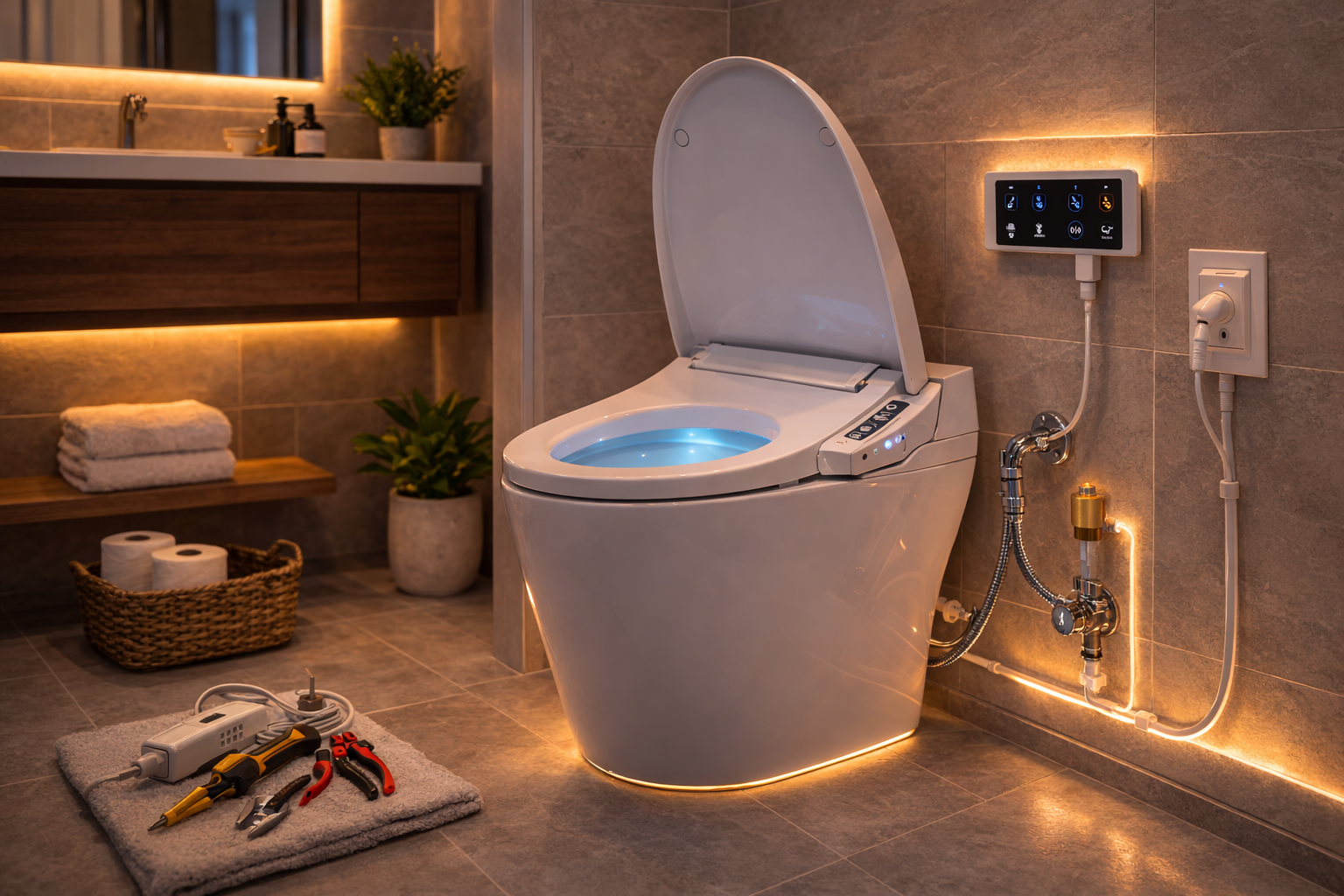 Smart toilet components and features including bidet wand, heated seat, control panel, power connection, and flush system