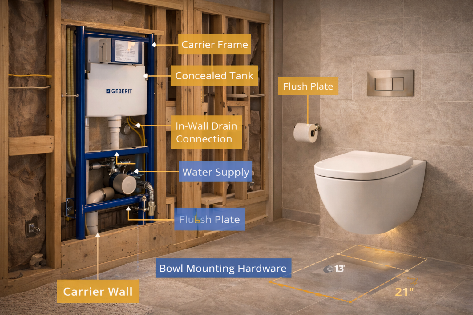 Wall-mounted toilet components including carrier frame, in-wall tank, floating bowl, flush plate, wall finish, and plumbing connections