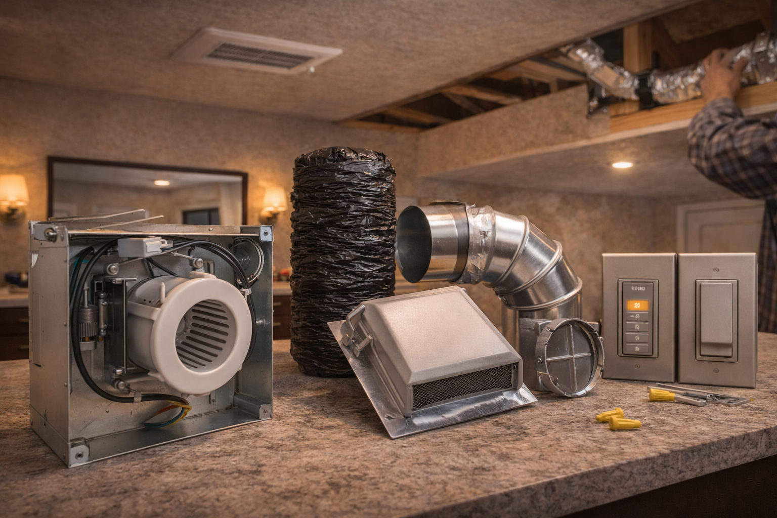 Bathroom ventilation components including fan housing, flexible duct, vent cap, timer switch, and wall control