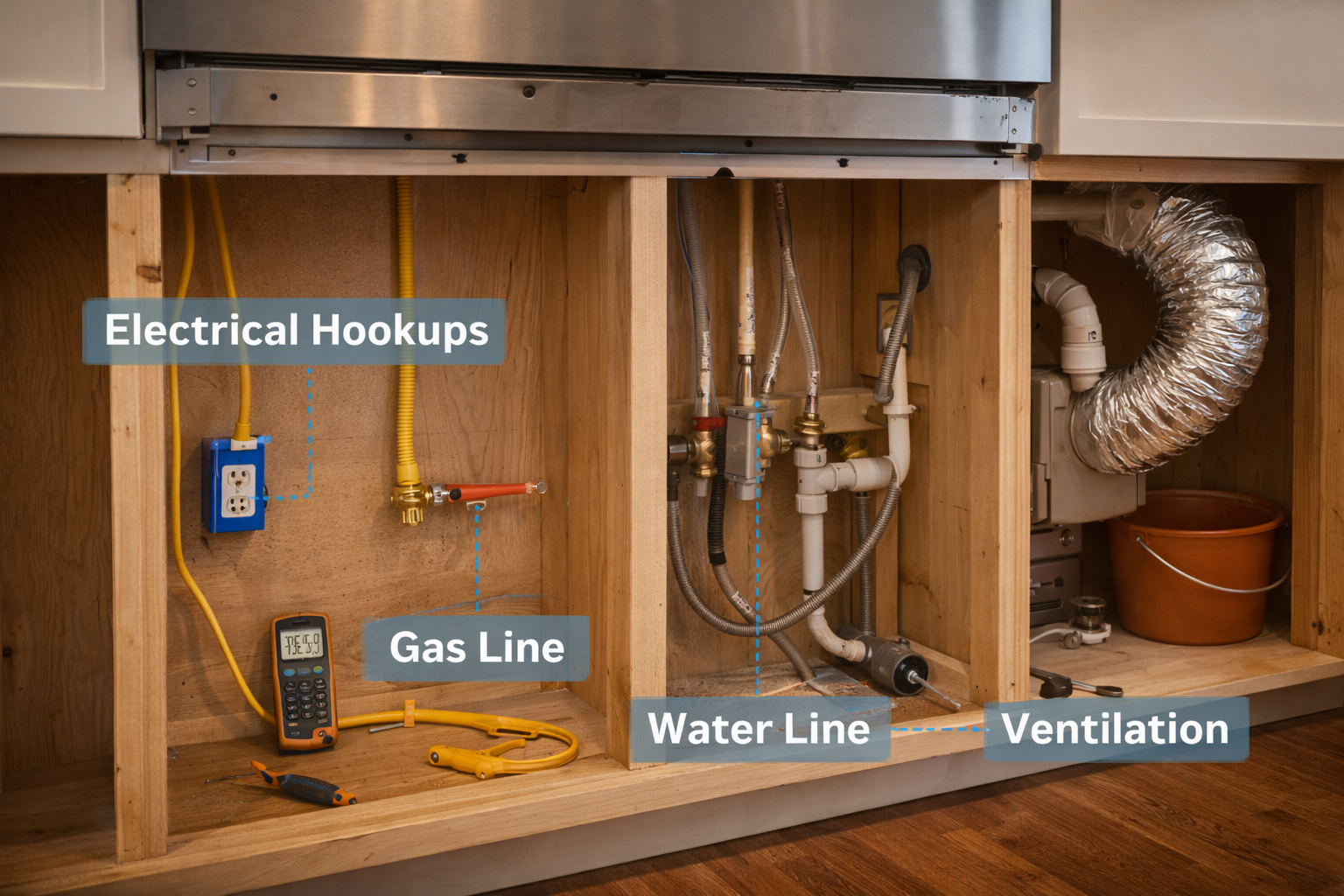 Kitchen appliance installation components including electrical connections, gas line, water supply, drain lines, venting, and trim pieces