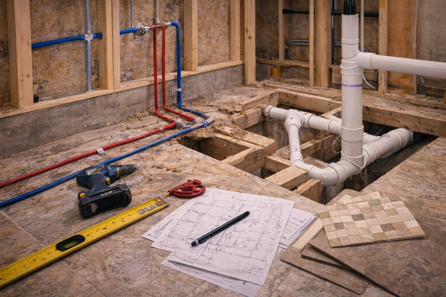 Bathroom layout change installation with plumbing rerouting, wall framing, floor leveling, waterproofing, and fixture alignment details