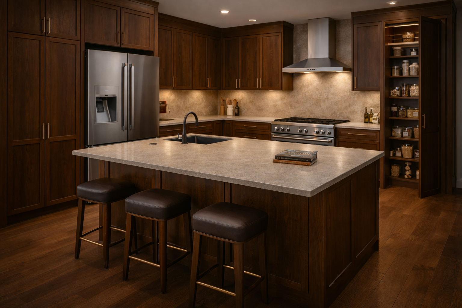 Kitchen layout construction with plumbing relocation and island support