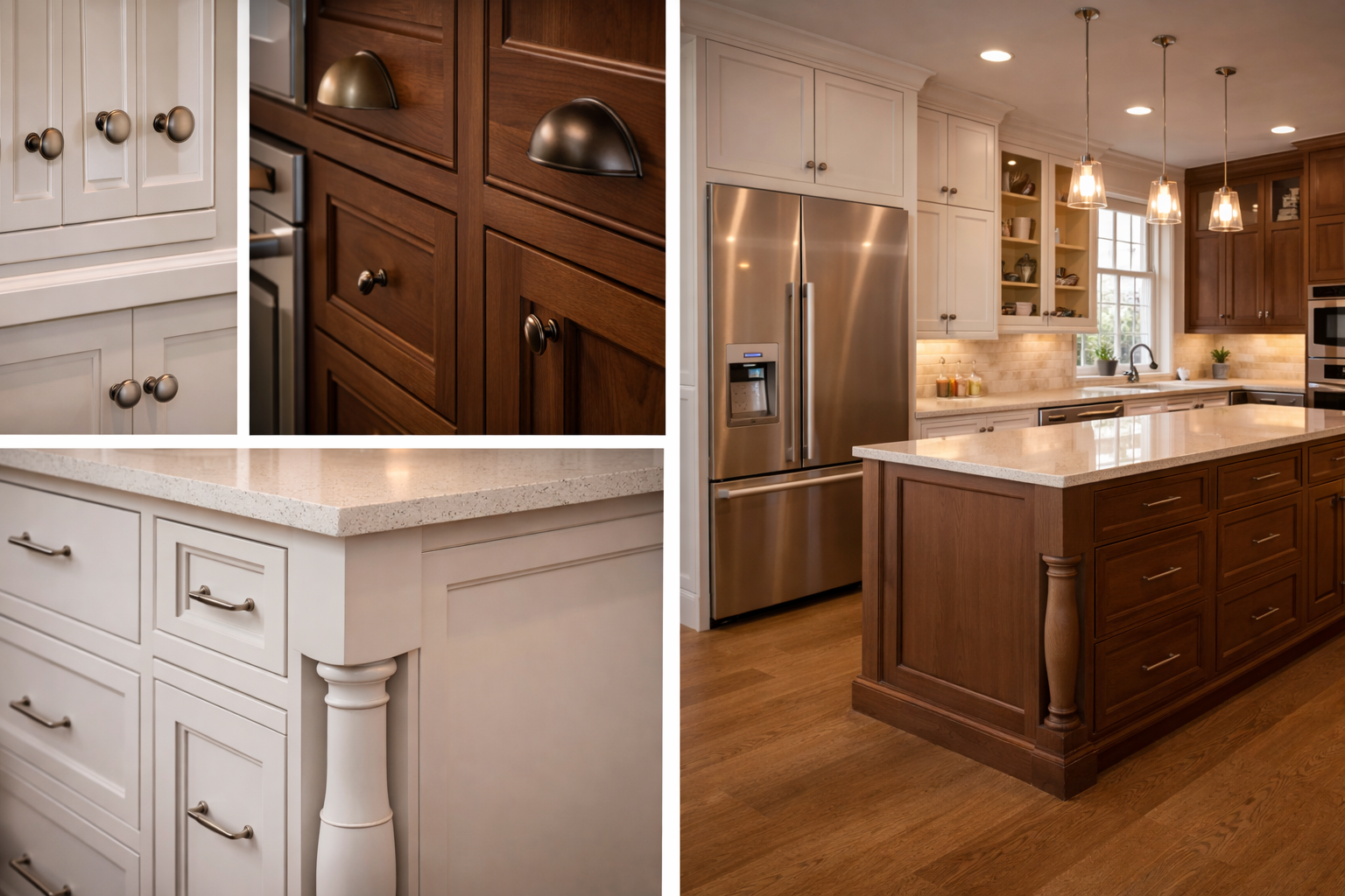 Custom cabinet design details such as door style, hardware, trim, panel alignment, and appliance integration