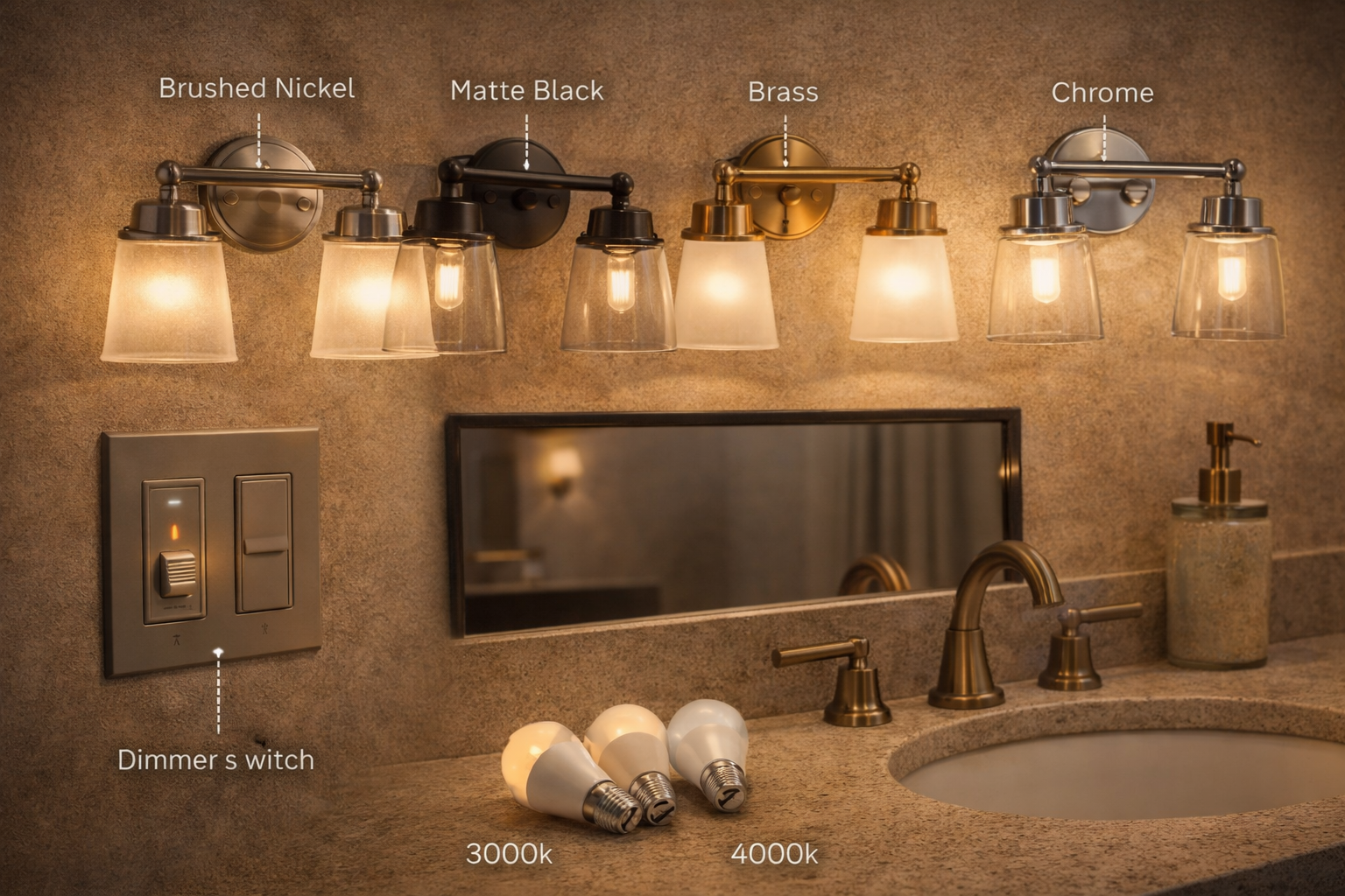 Bathroom lighting materials and components including fixture housings, trim, lenses, damp-rated parts, switches, and dimmer controls