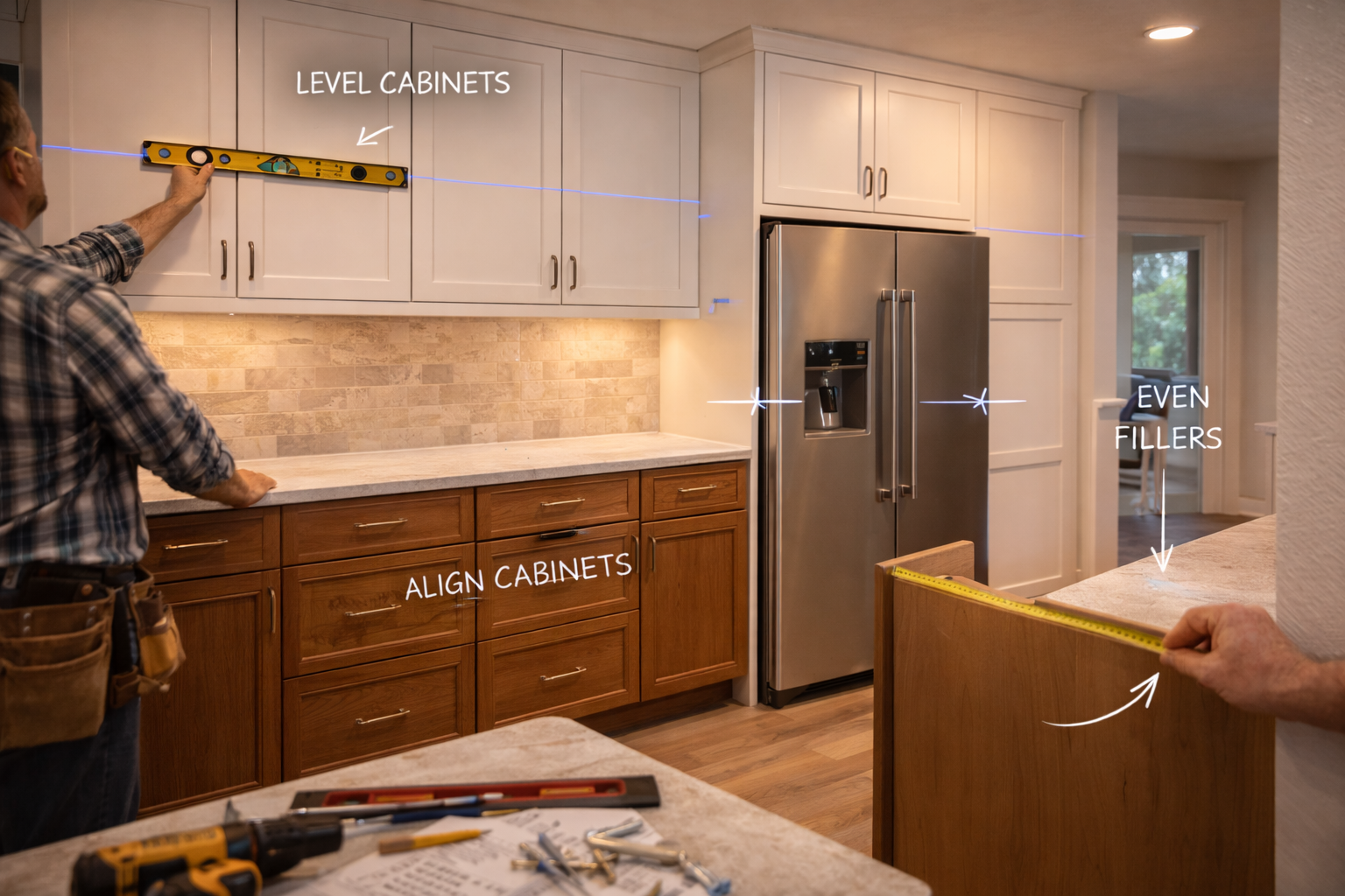 Cabinet remodel installation with level cabinet runs, reveal alignment, filler spacing, hardware placement, and trim coordination