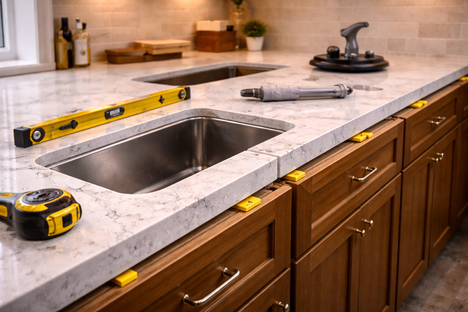 Countertop remodel installation with cabinet leveling, seam planning, sink cutouts, overhang support, and backsplash alignment