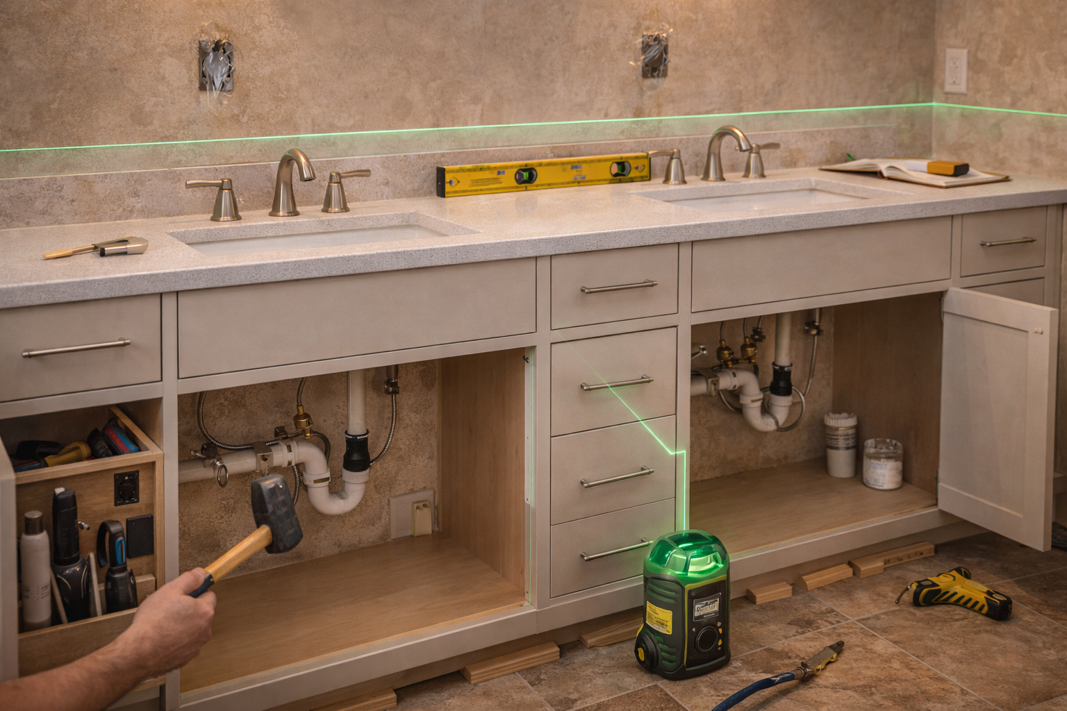 Custom vanity installation with cabinet leveling, plumbing fit, sink alignment, countertop overhang, and wall-to-wall trim details