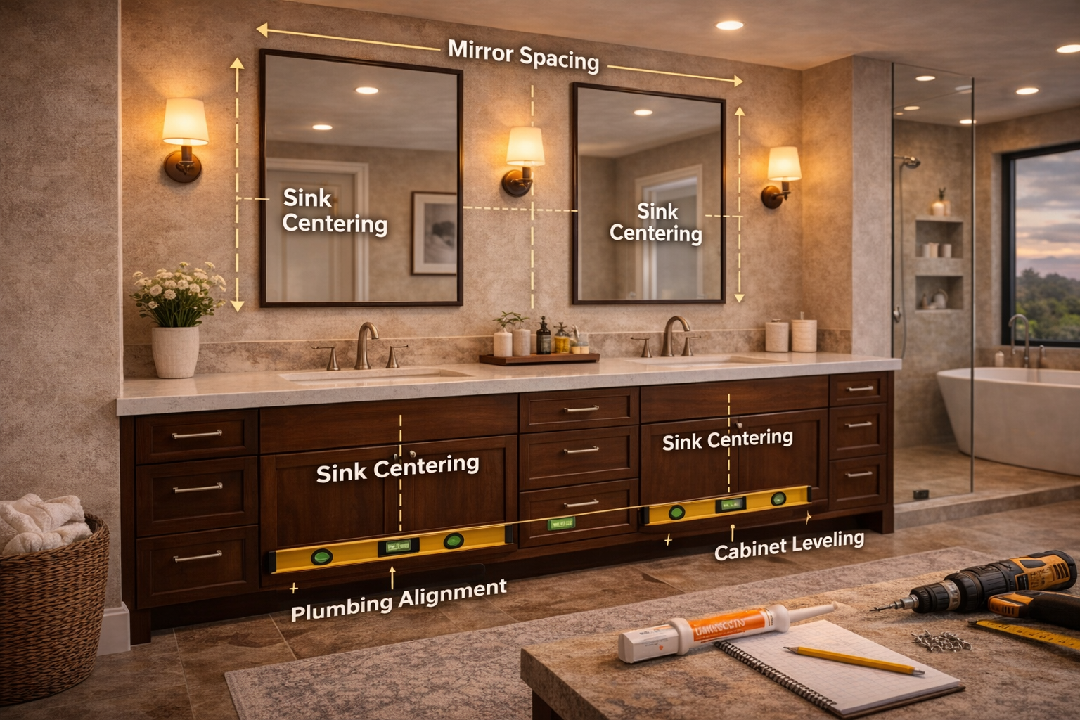 Double vanity installation with plumbing alignment, cabinet leveling, sink centering, mirror spacing, and countertop fit