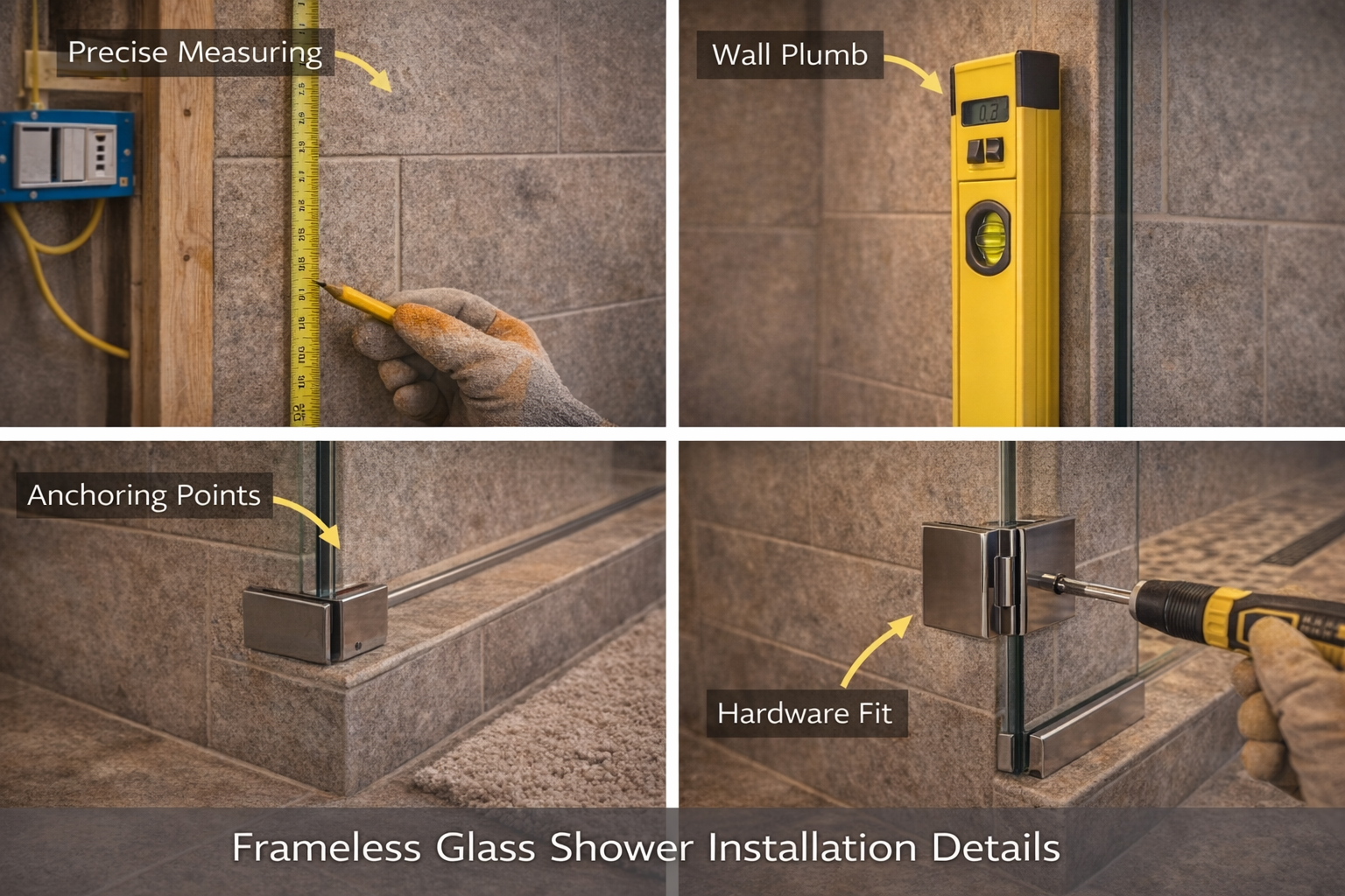 Frameless glass shower installation with level walls, precise measurements, hardware anchoring, gap tolerances, and door alignment