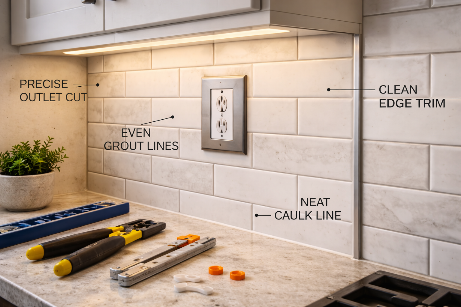 Kitchen backsplash installation with layout lines, outlet cuts, grout spacing, edge finishing, and countertop alignment