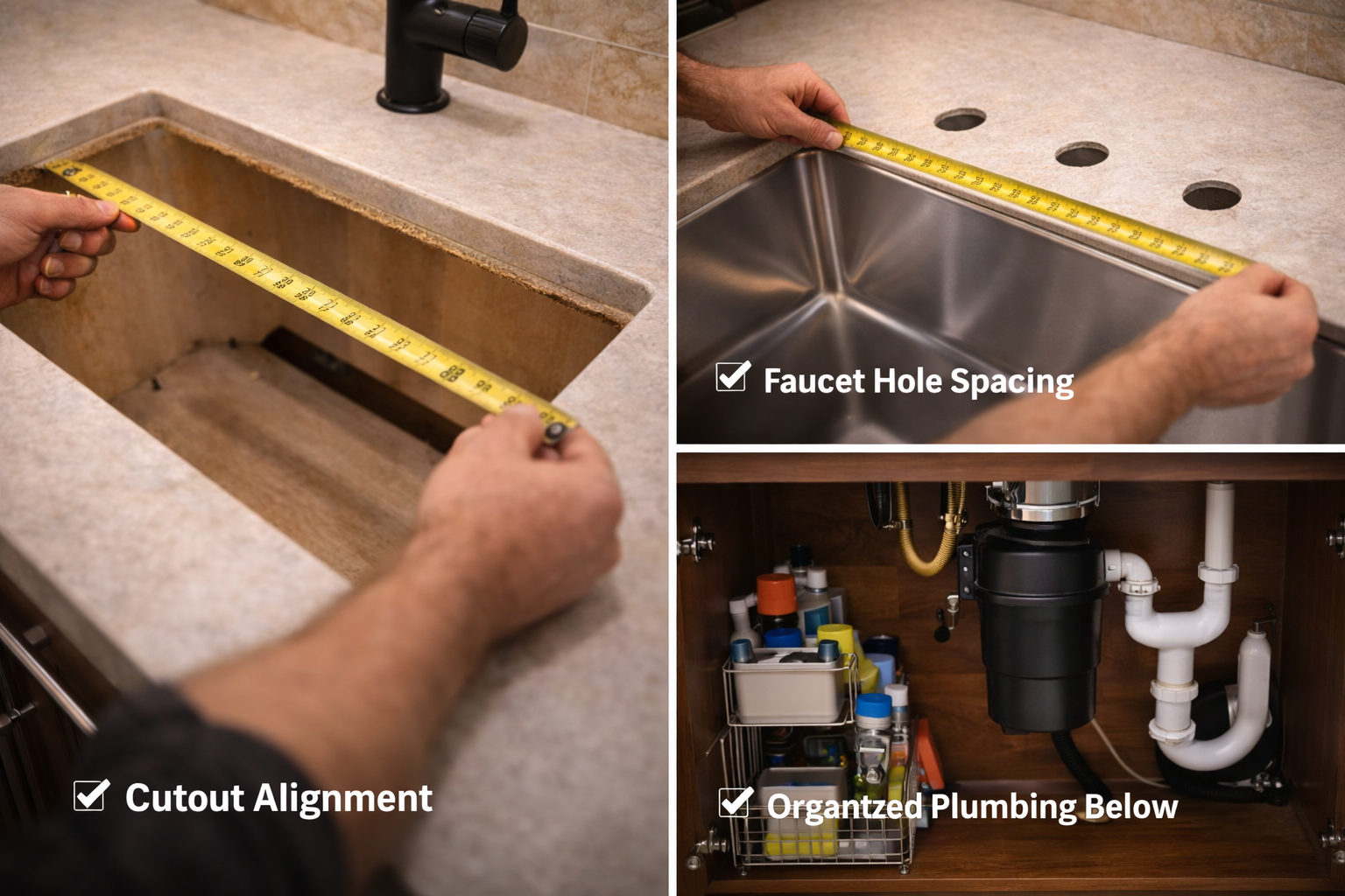 Kitchen sink remodel installation with cabinet support, faucet hole alignment, drain connections, countertop fit, and waterproof sealing details