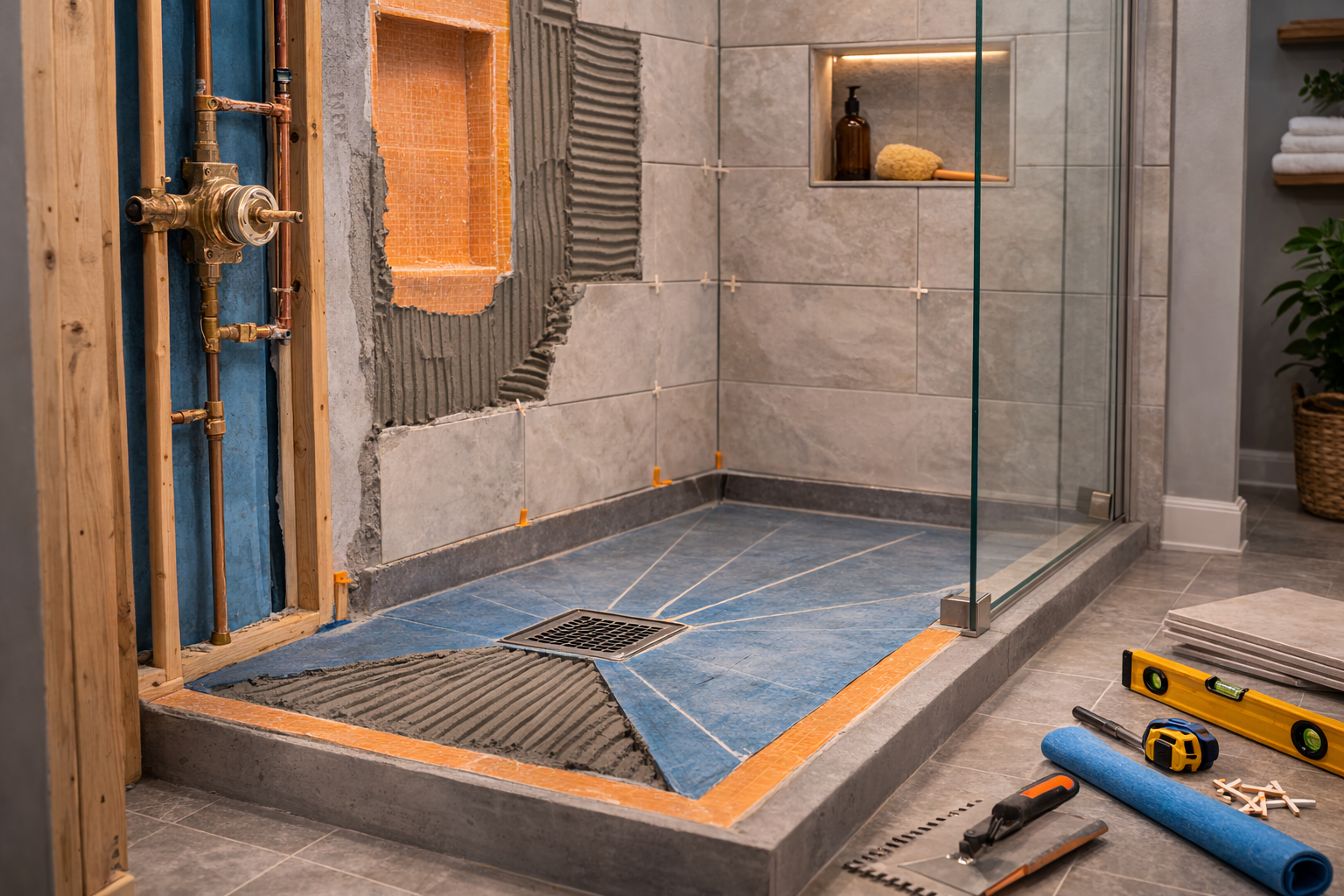 Shower remodel installation with waterproofing, slope planning, fixture rough-in, tile layout, and glass enclosure coordination