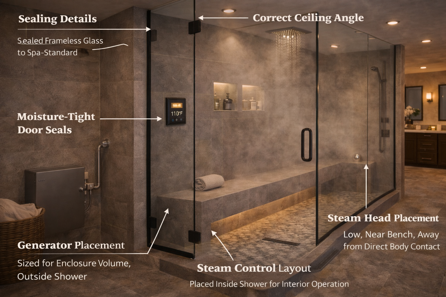 Steam shower installation with vapor sealing, waterproofing layers, sloped ceiling details, and steam head placement