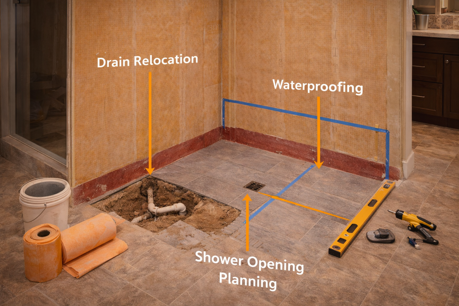 Tub-to-shower conversion installation with framing changes, waterproofing layers, drain relocation, and shower pan setup