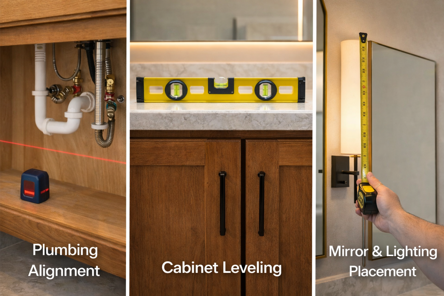 Vanity remodel installation with plumbing alignment, cabinet leveling, countertop fit, sink centering, and backsplash details