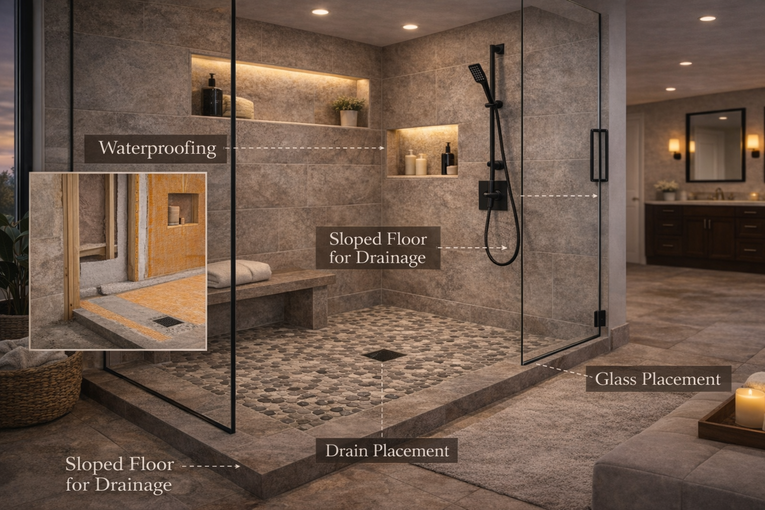 Walk-in shower installation with waterproofing, drain slope, glass placement, and shower floor preparation