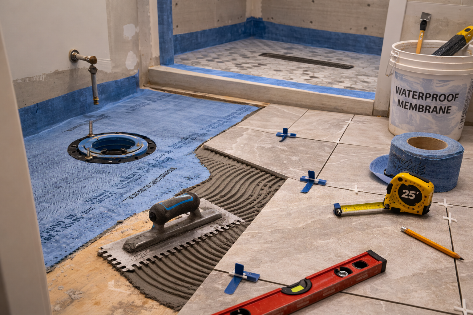 Bathroom flooring installation with subfloor prep, waterproofing, layout lines, transition planning, and fixture clearances