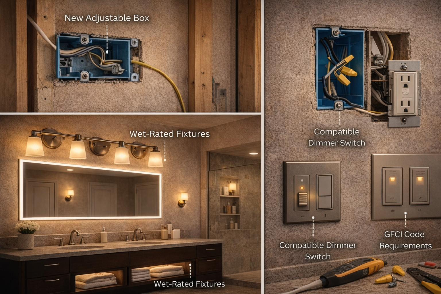 Bathroom lighting installation with wiring routes, fixture spacing, moisture-safe placement, switch planning, and mirror coordination