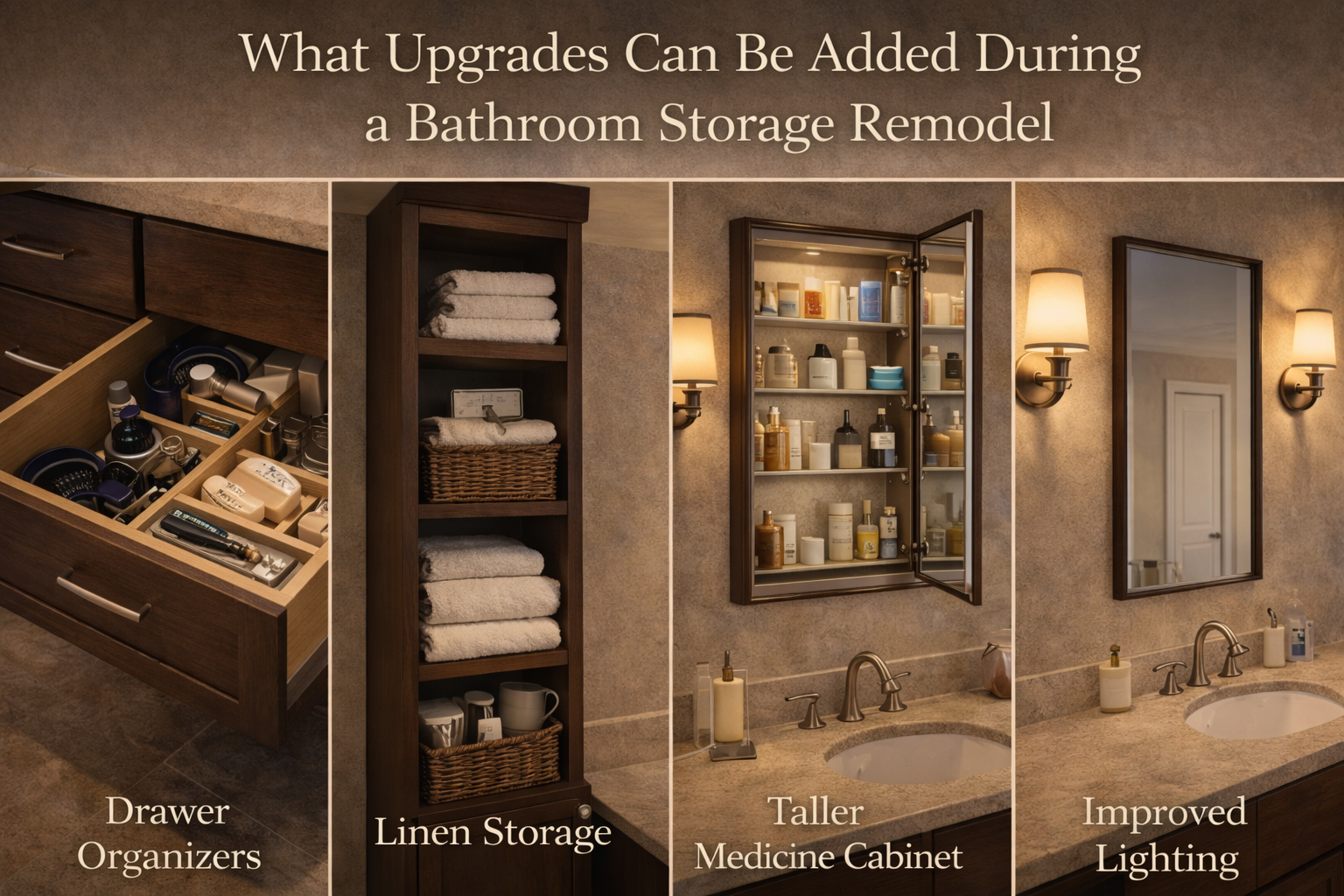 Bathroom storage installation with cabinet anchoring, wall blocking, drawer clearance, shelf alignment, and finish coordination