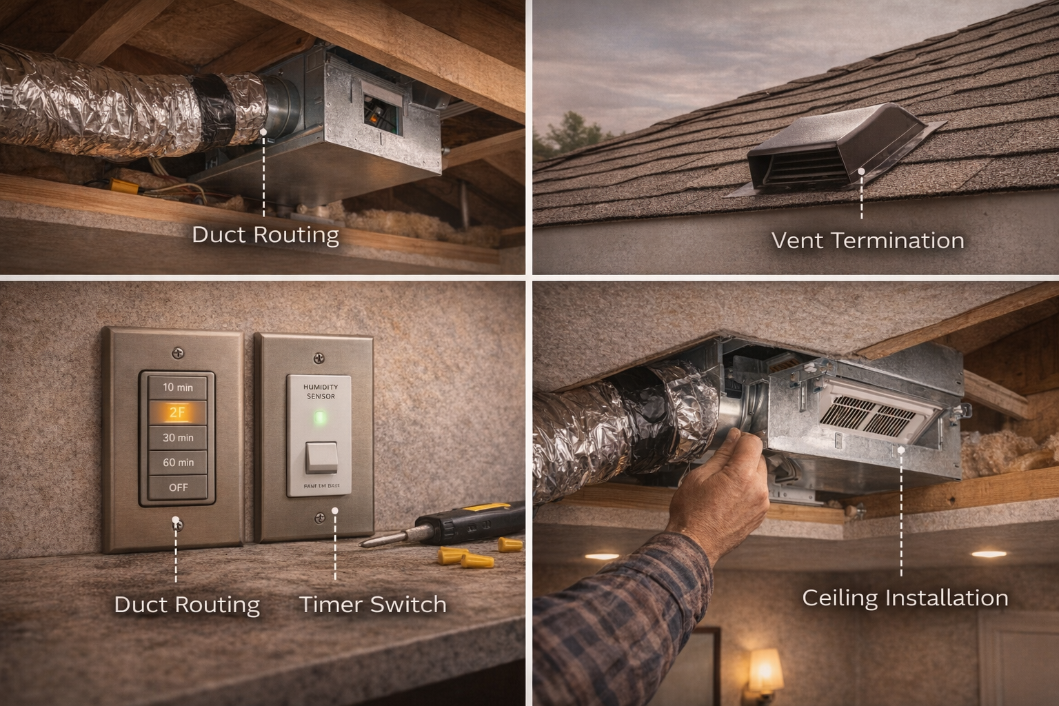 Bathroom ventilation installation with attic duct routing, roof vent termination, timer switch, and ceiling fan housing