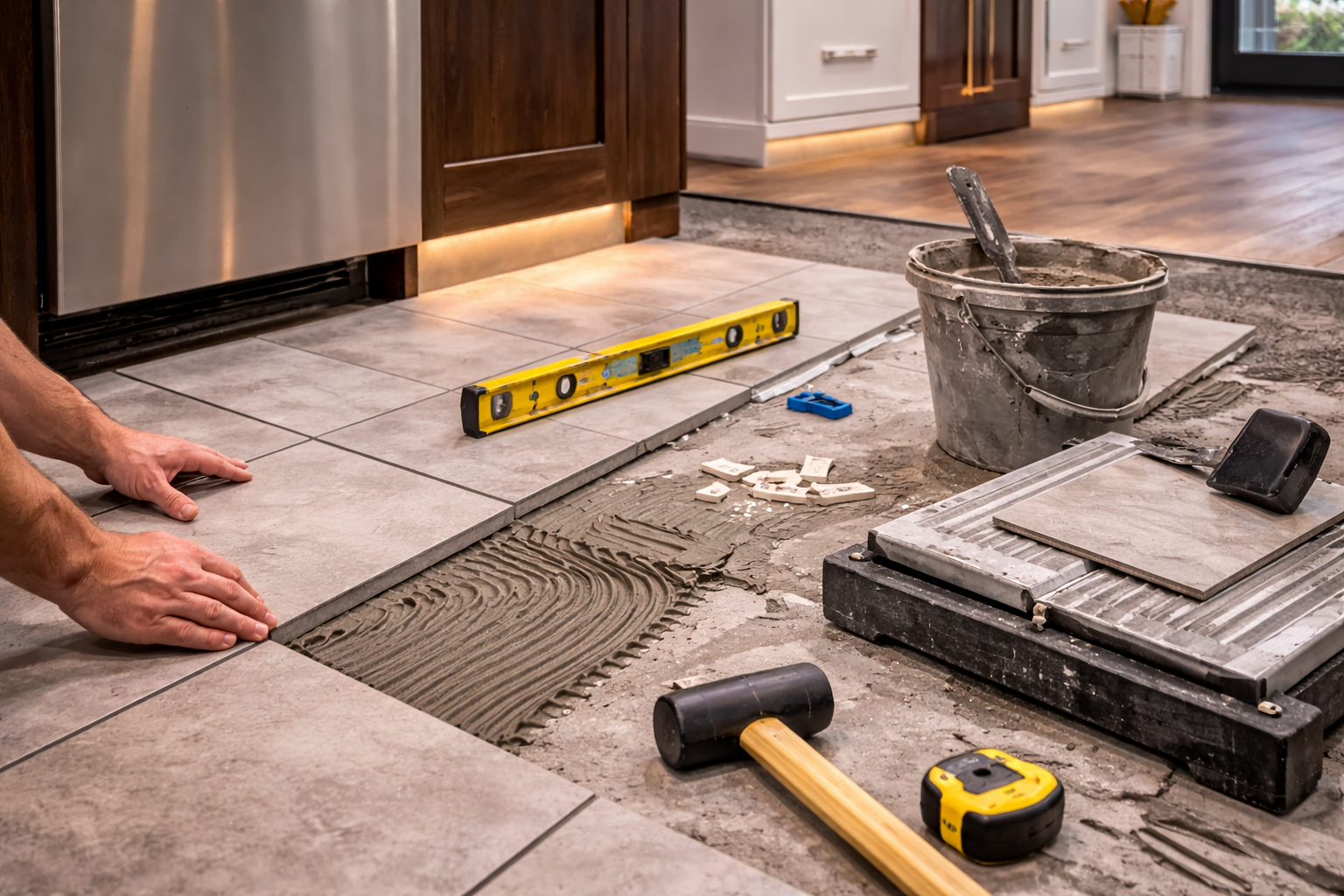 Kitchen flooring installation with subfloor prep, layout lines, expansion spacing, transition planning, and appliance clearances