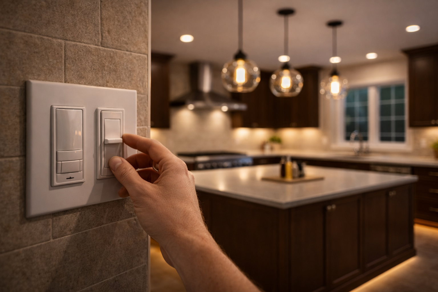 Kitchen lighting installation with fixture spacing, dimmer controls, and cabinet lighting alignment