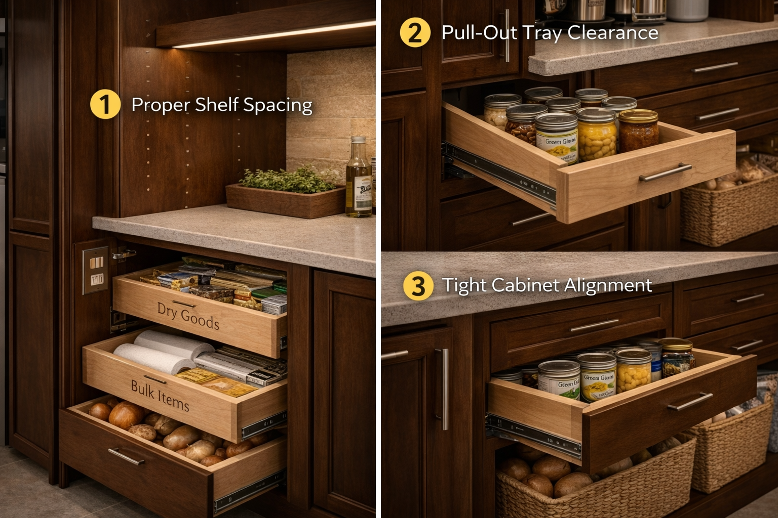 Kitchen pantry installation with cabinet alignment, shelf spacing, drawer clearance, and door swing