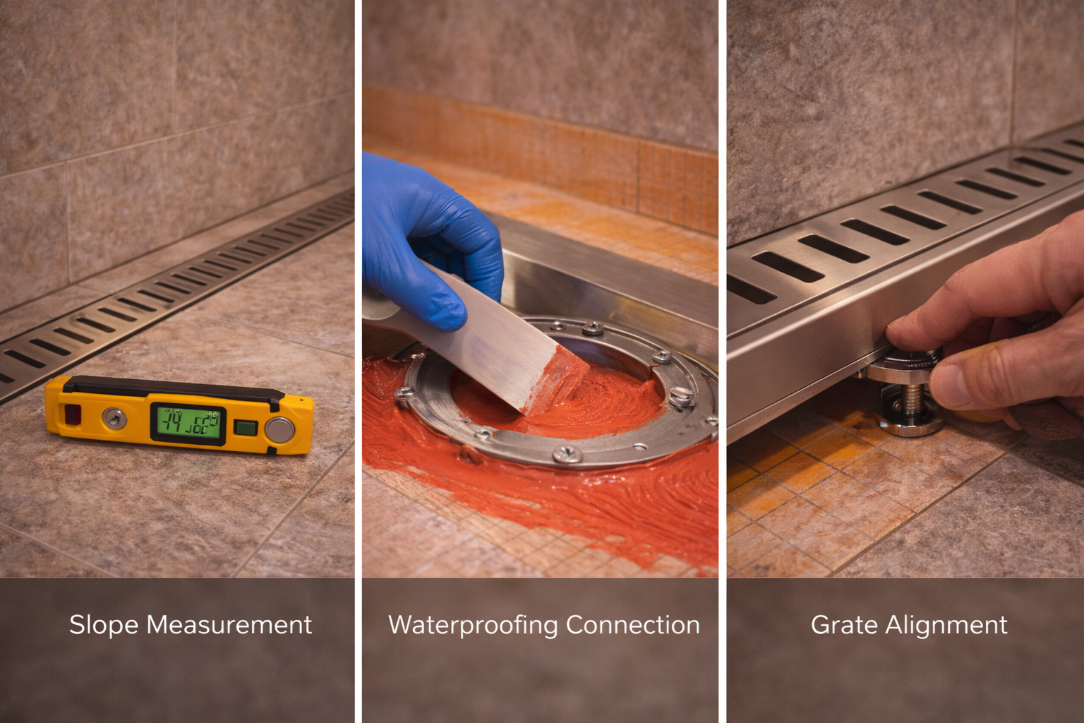 Linear drain installation with waterproofing tie-in, channel leveling, single-direction slope, tile termination, and drain height adjustment