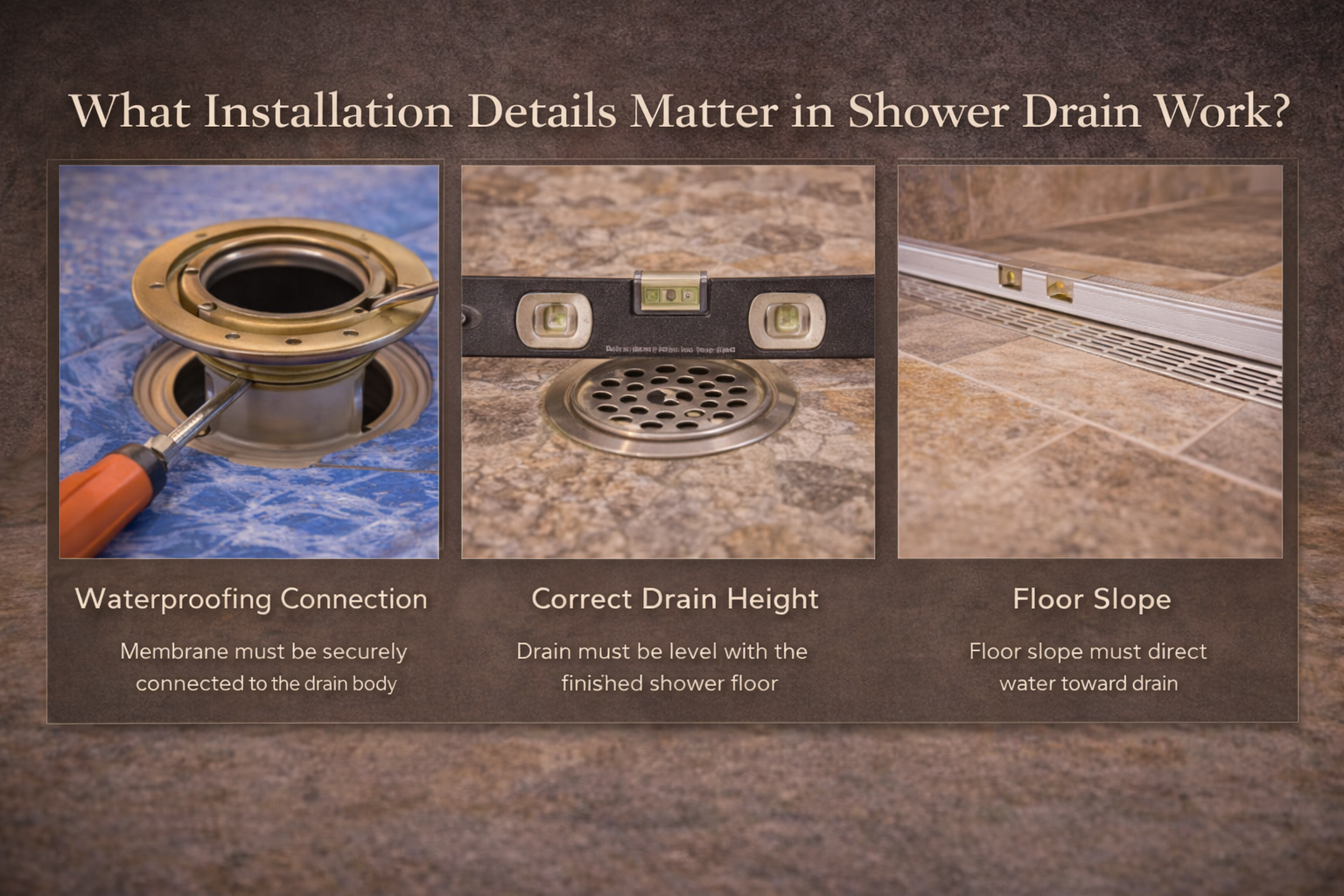 Shower drain installation with waterproofing tie-in, slope control, flange setup, tile termination, and drain height adjustment