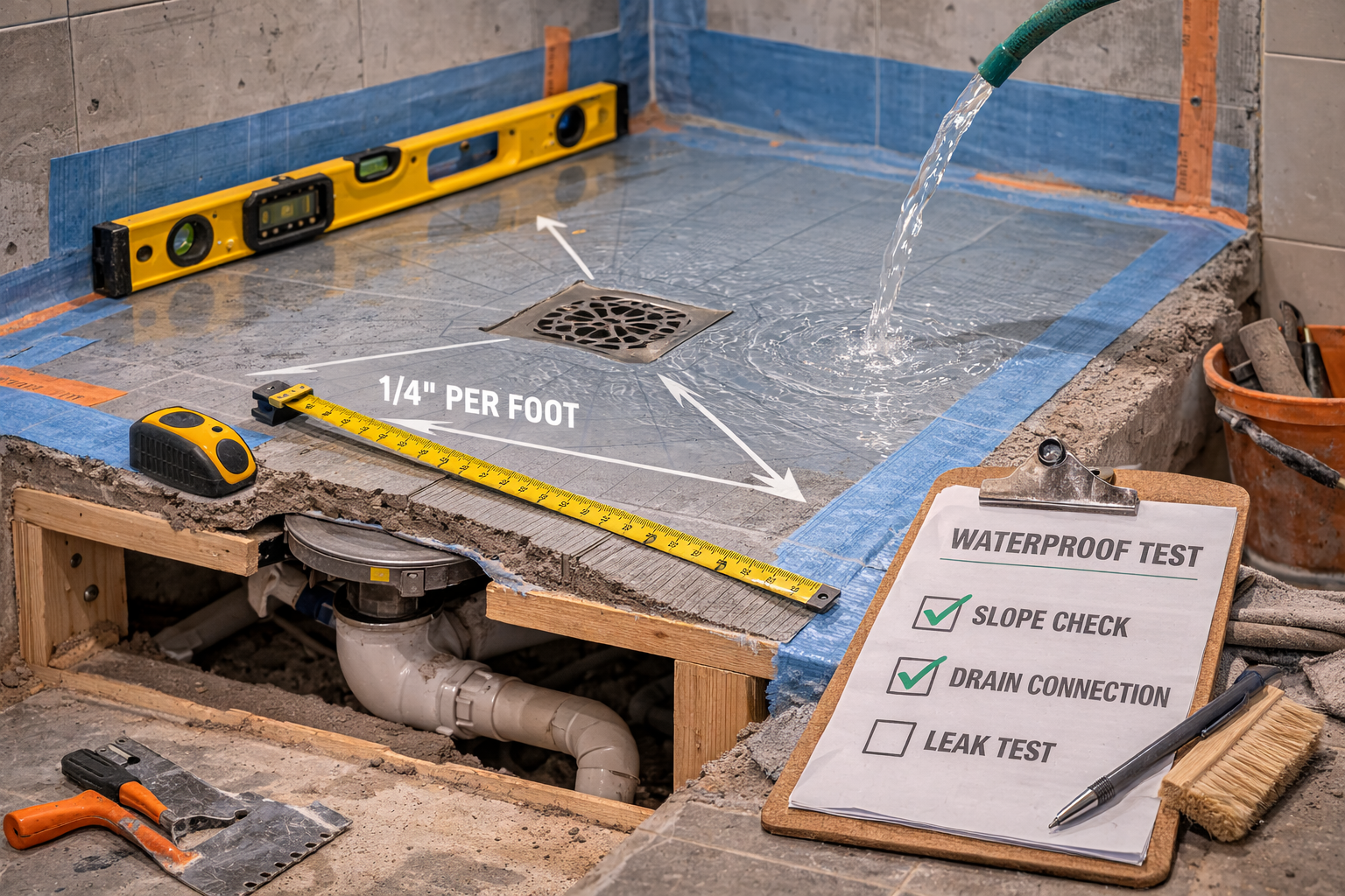 Shower pan installation with subfloor prep, waterproofing, drain connection, slope control, and wall-to-pan transition details
