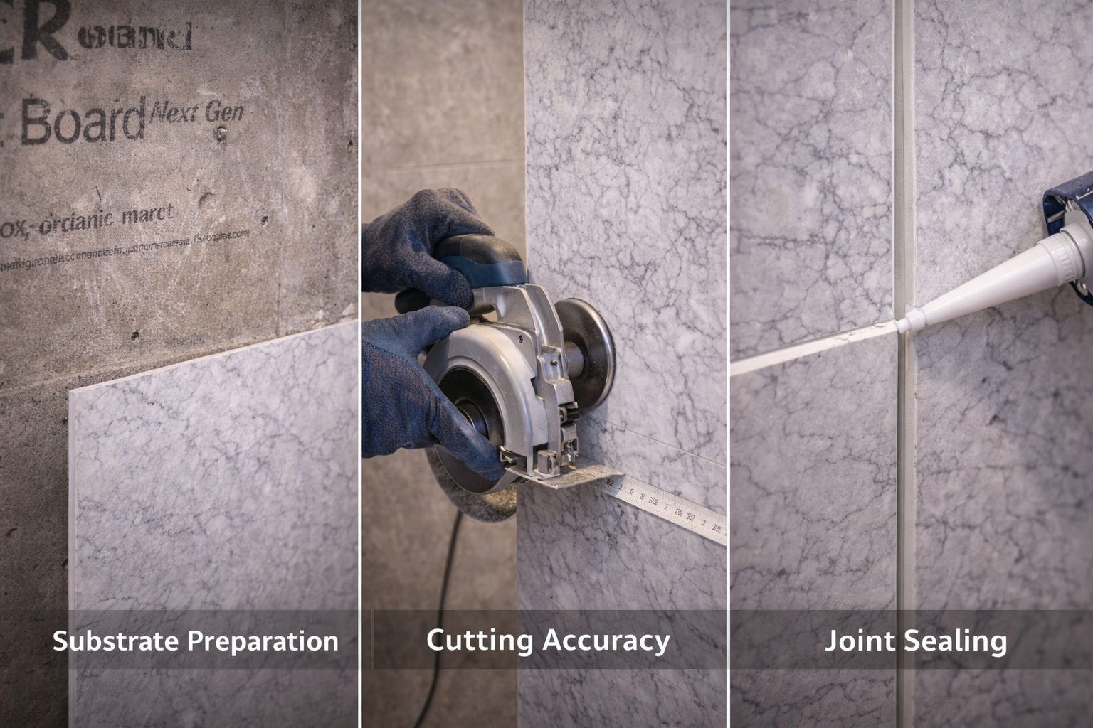 Bathroom wall panel installation with substrate prep, waterproofing, seam alignment, trim placement, and fixture cutout details