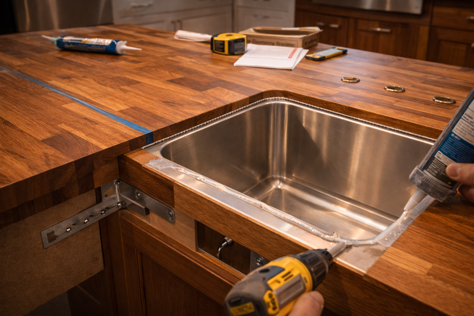 Butcher block countertop installation with expansion allowance, sink sealing, support spacing, seam alignment, and finish protection