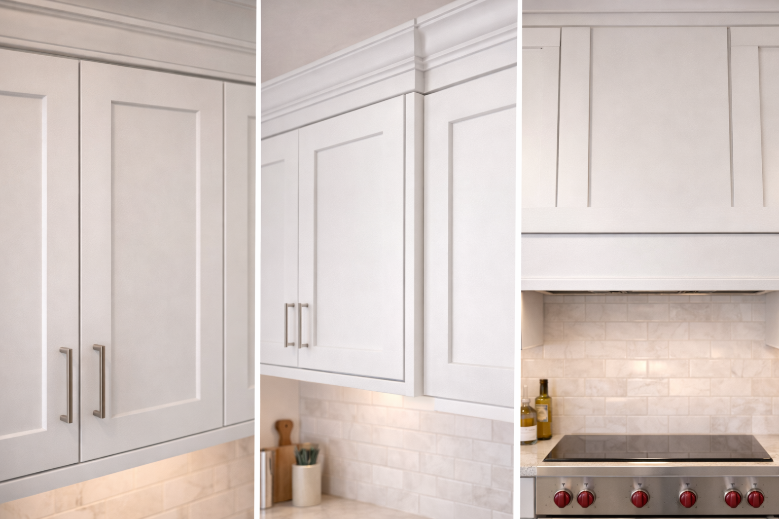 Shaker cabinet installation with aligned reveals, level cabinet runs, filler spacing, hardware placement, and crown details