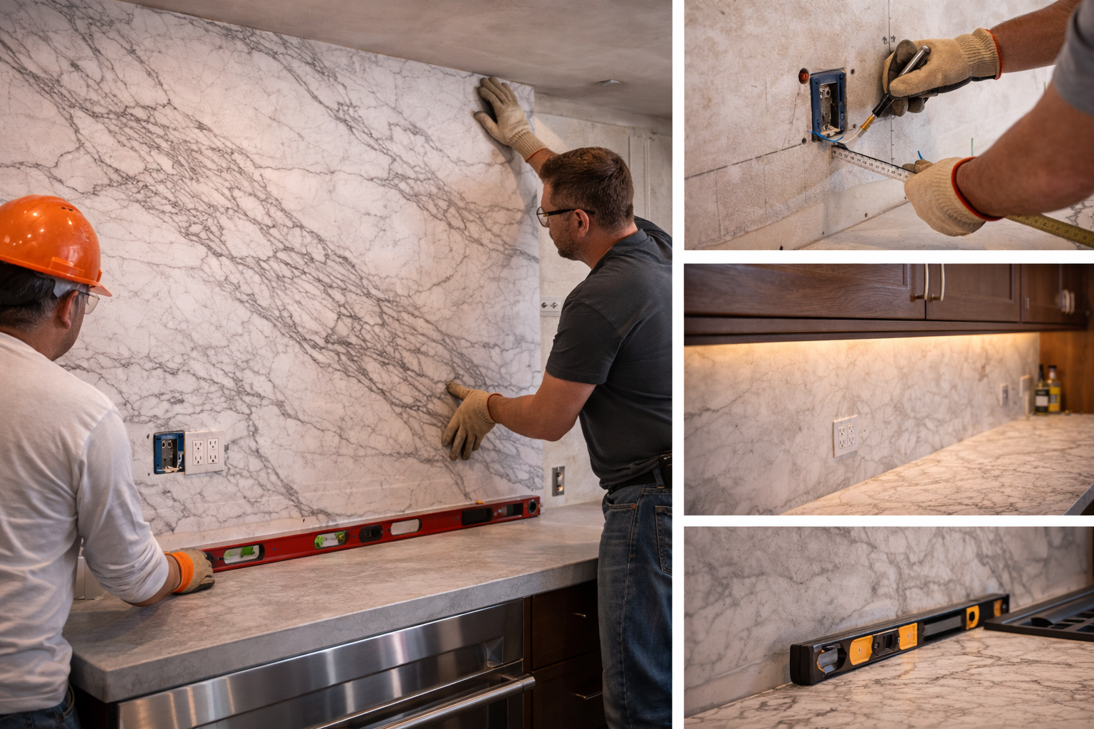 Full slab backsplash installation with wall prep, seam planning, outlet cuts, slab support, and countertop alignment