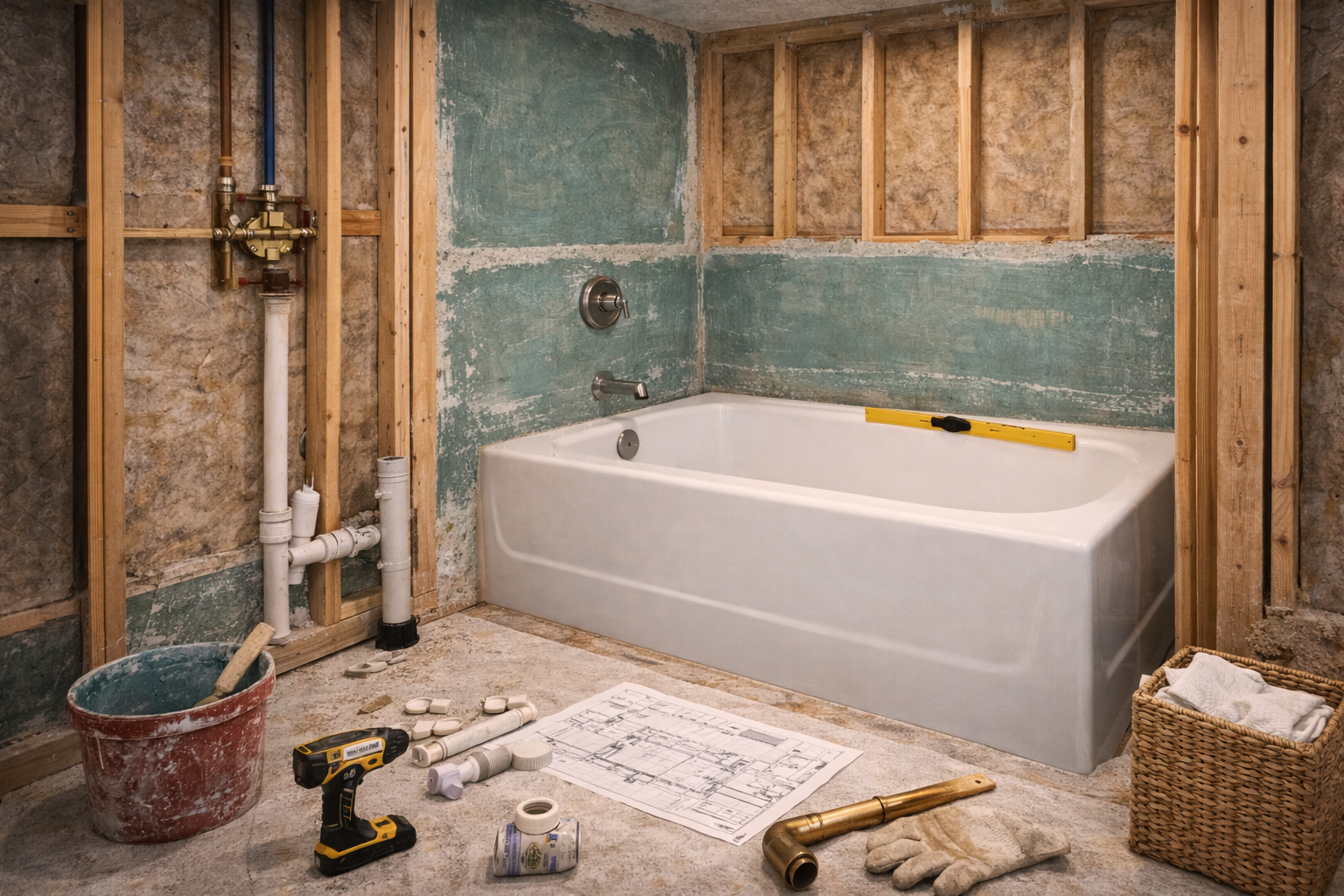 Bathtub remodel installation with floor support, drain alignment, fixture placement, wall prep, and finish coordination