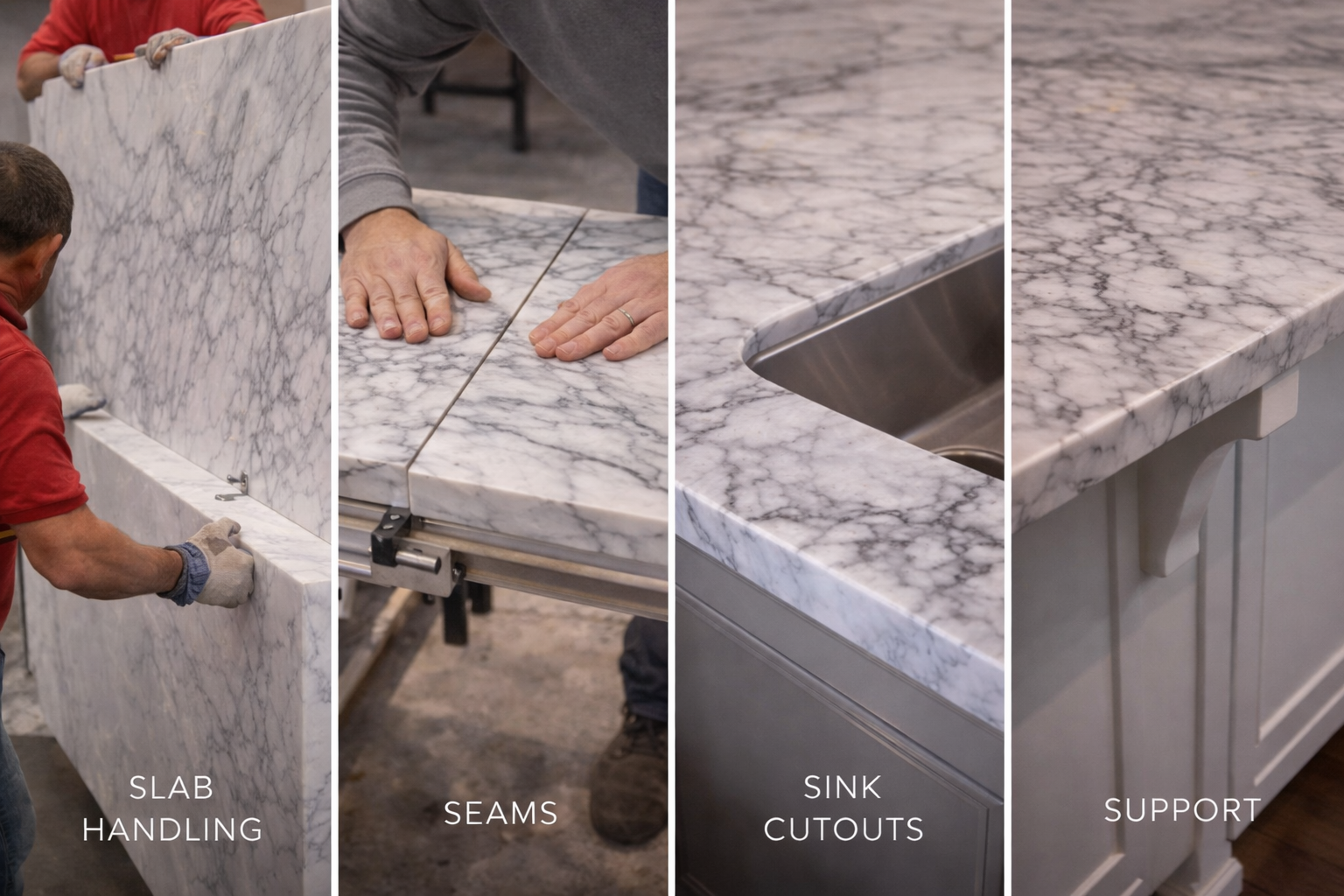 Marble countertop installation with slab handling, seam placement, cabinet leveling, cutout support, and backsplash fit