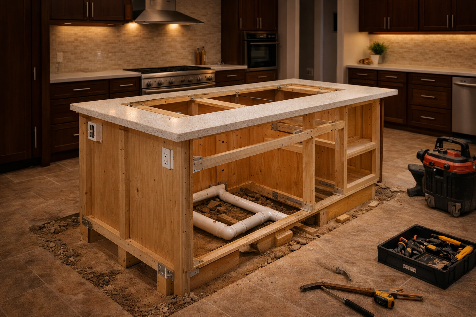 Prep island installation with electrical, leveling, and countertop support