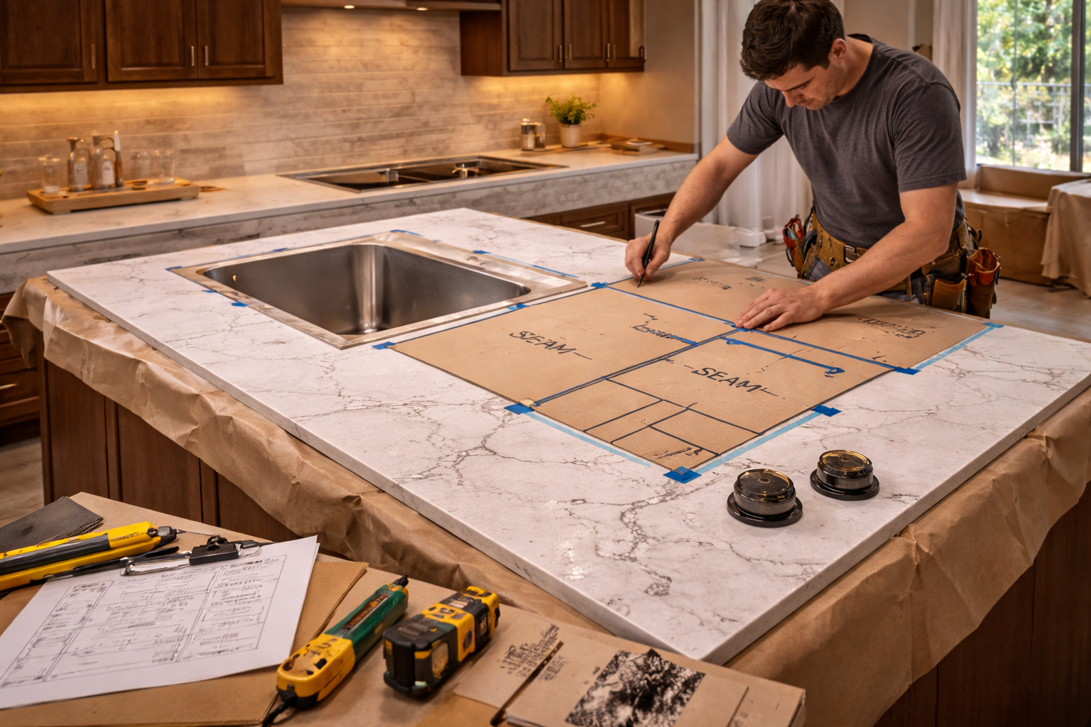 Quartz countertop installation with seam placement, cabinet leveling, sink cutouts, edge alignment, and overhang support details