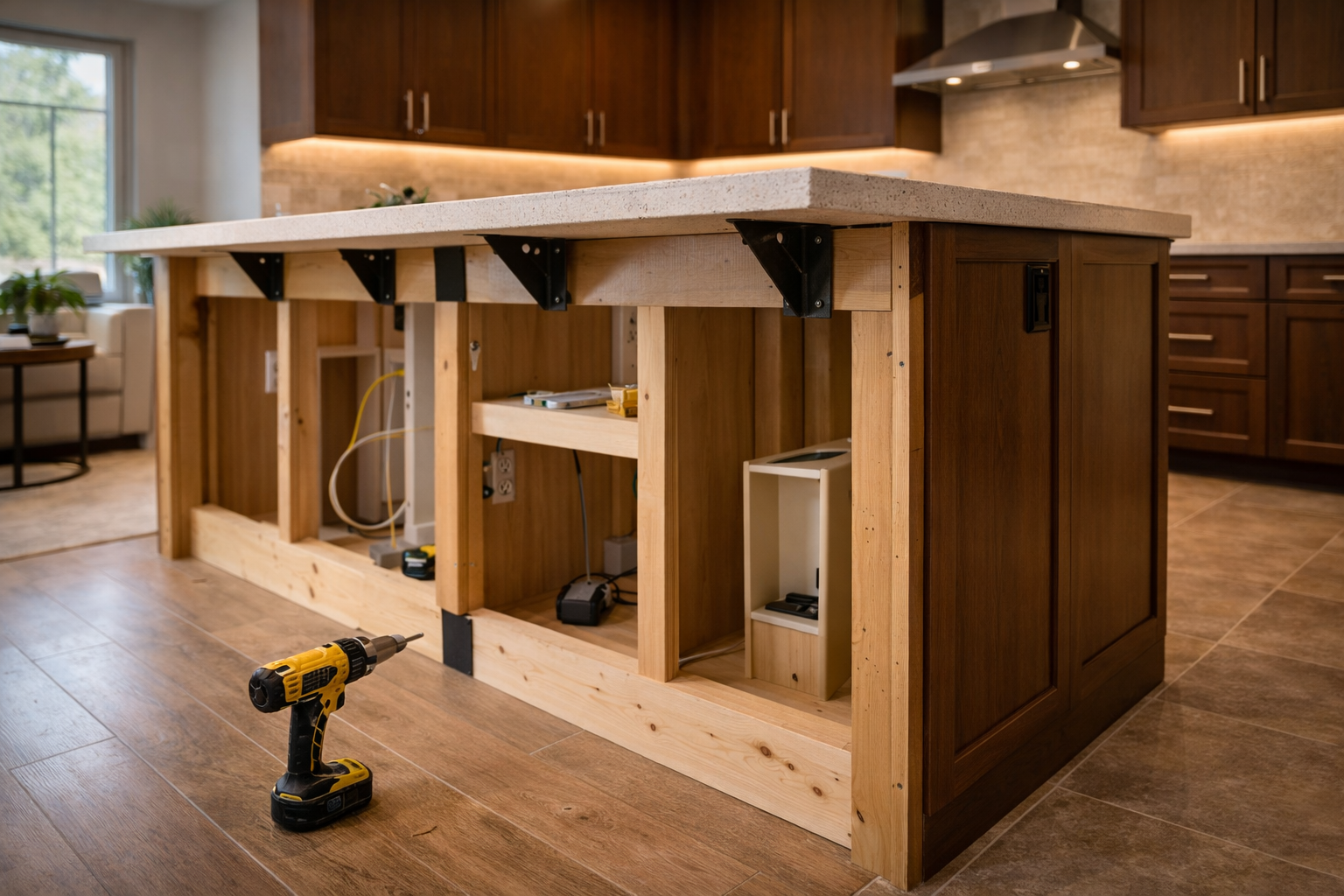 Island seating installation with countertop support and electrical planning