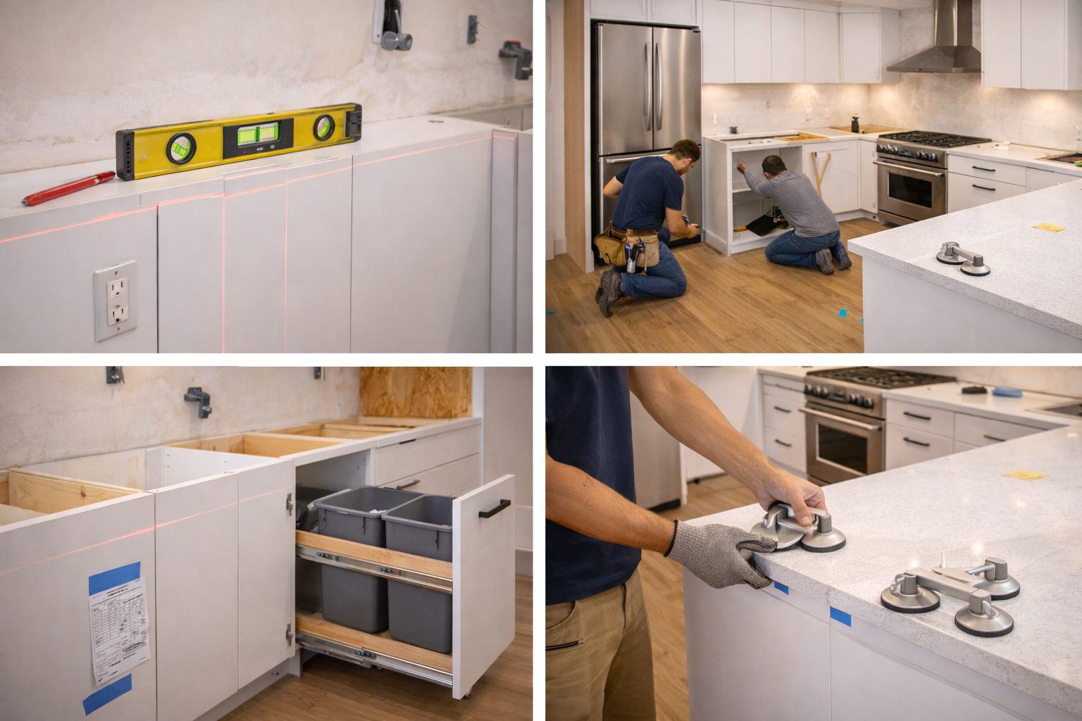 Flat-panel cabinet installation with level runs, tight appliance spacing, straight fillers, and clean countertop alignment