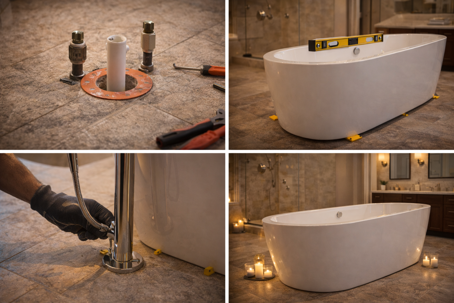 Freestanding bathtub installation with floor support, drain alignment, filler placement, access clearances, and finish coordination