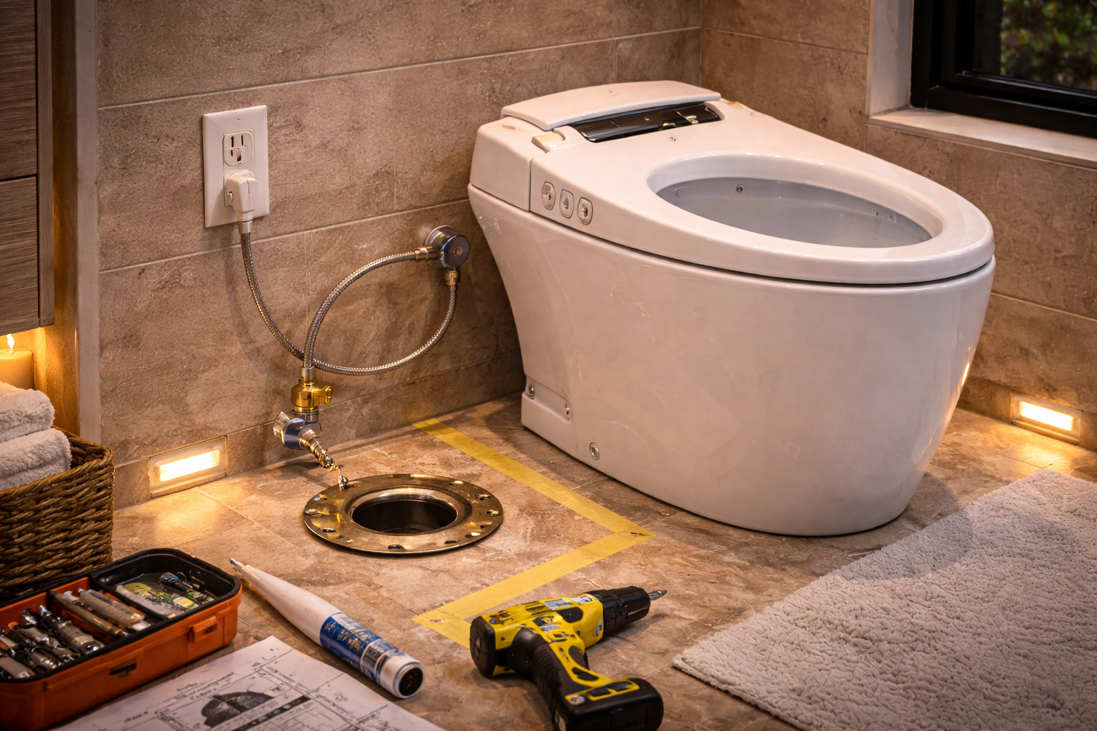 Smart toilet installation with electrical planning, water supply placement, bowl clearance, and control access details