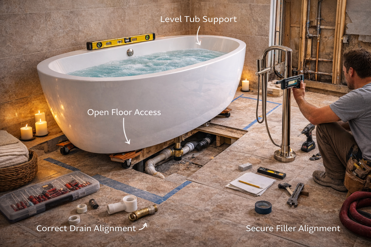 Soaking tub installation with floor support, drain location, filler placement, access clearances, and finish coordination
