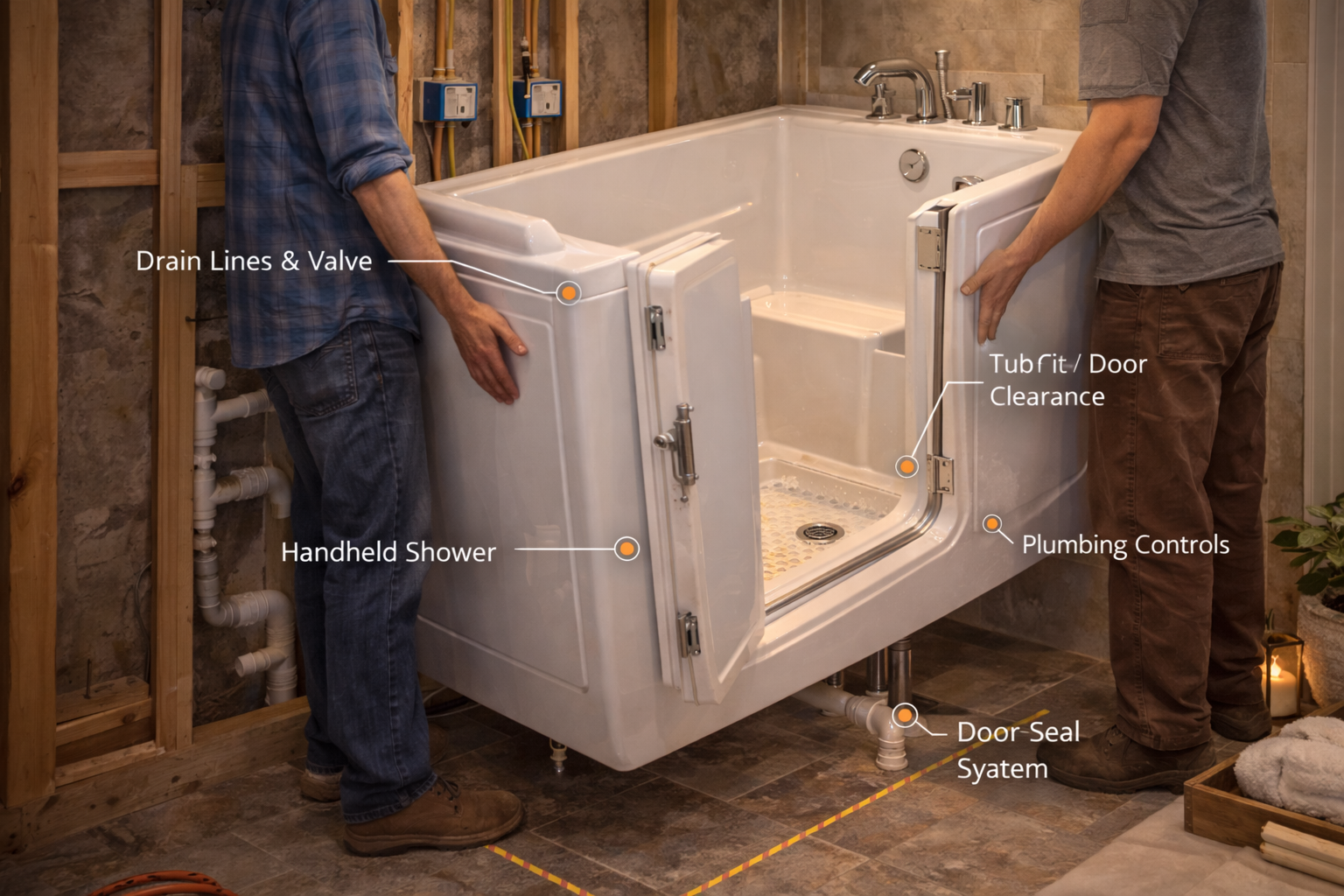 Walk-in Bathtub installation with installation, details, bathtub, tub